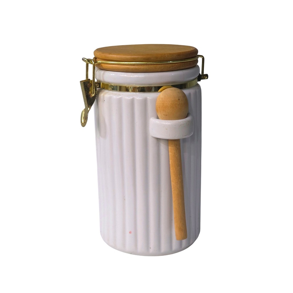 White Jar Ceramic Kitchen Canister with Wood Lid and Scoop Gold Clasp